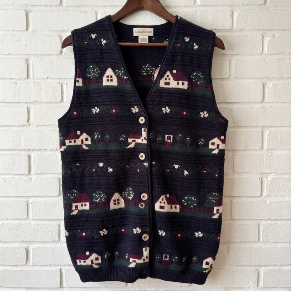 80s Cotton Knit Novelty Cottagecore House Vest Navy